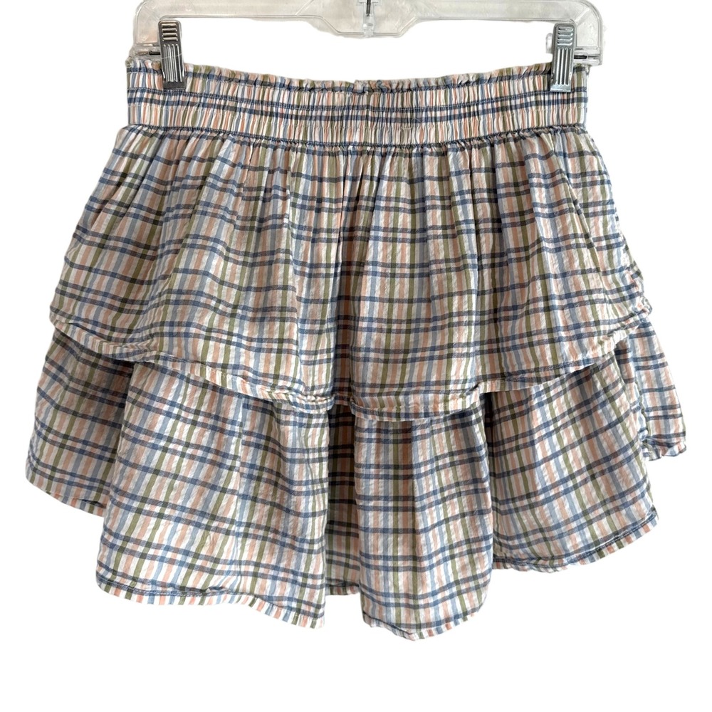 Aerie Plaid Tiered Mini Skirt M Blue Pink Pastel Cottagecore Soft Girl Coastal